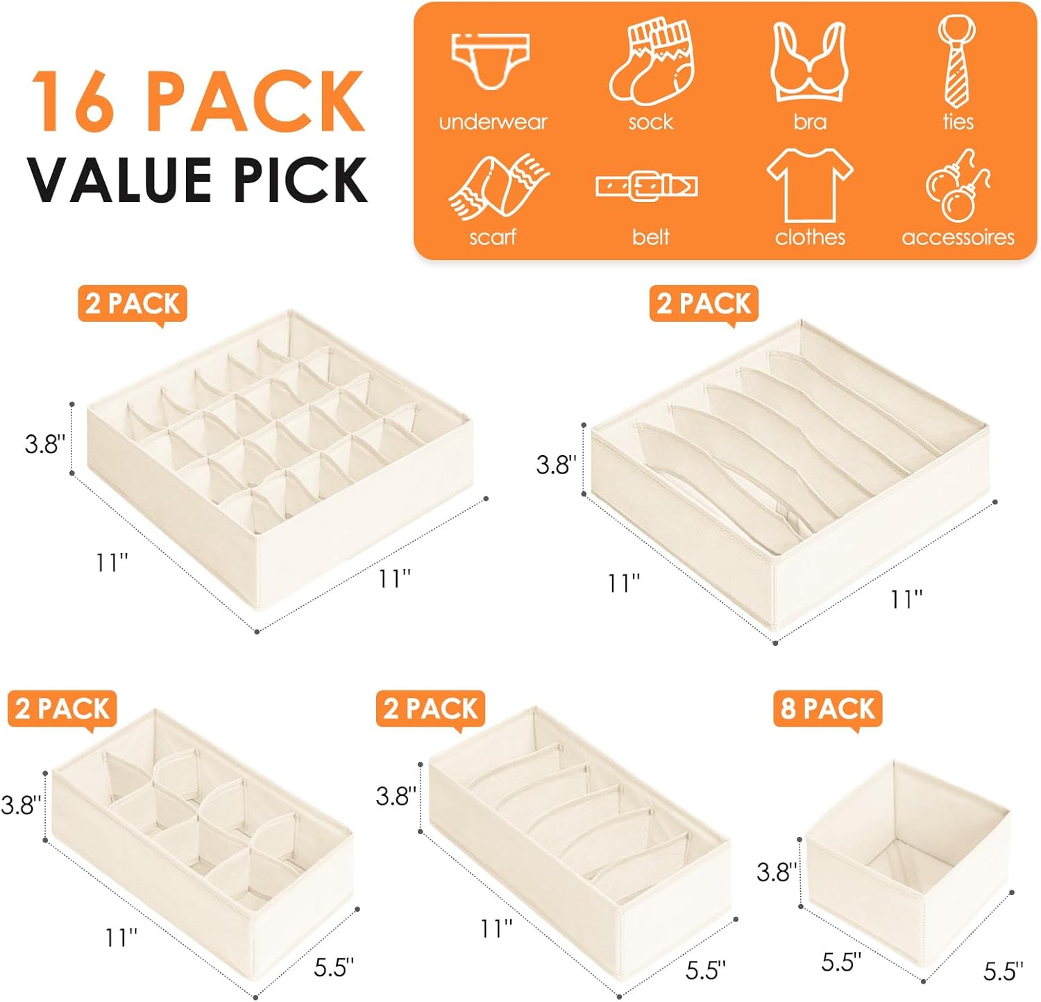 Criusia Drawer Organizer Clothes, 16 Pack Dresser Organizer Bins for Baby Clothes, Underwear Sock, Fabric Closet Organization and Storage Dividers for Nursery Bedroom (96 Compartments, Beige)