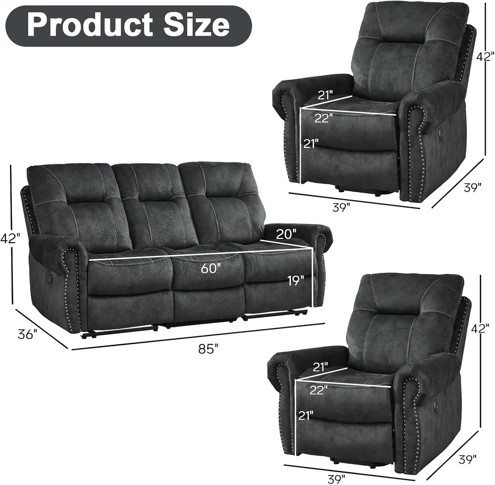 EBELLO 3 Pieces Reclining Couch Furniture Set for Living Room, Double 1 Seat ...