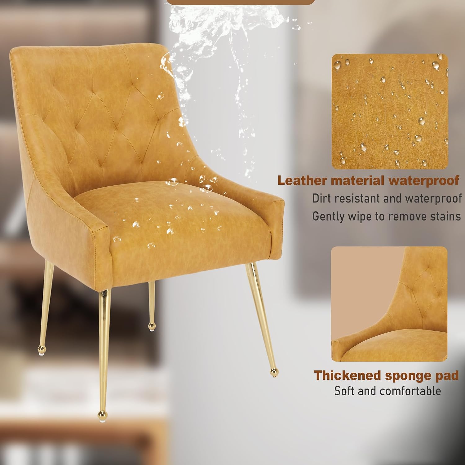 Dining Chairs Set of 2, Gold Leg Side Chair Faux Faux Leather Vanity Mid-Century with Metal Legs Upholstered PU Faux Leather Luxury Accent Chairs Living Room Restaurant
