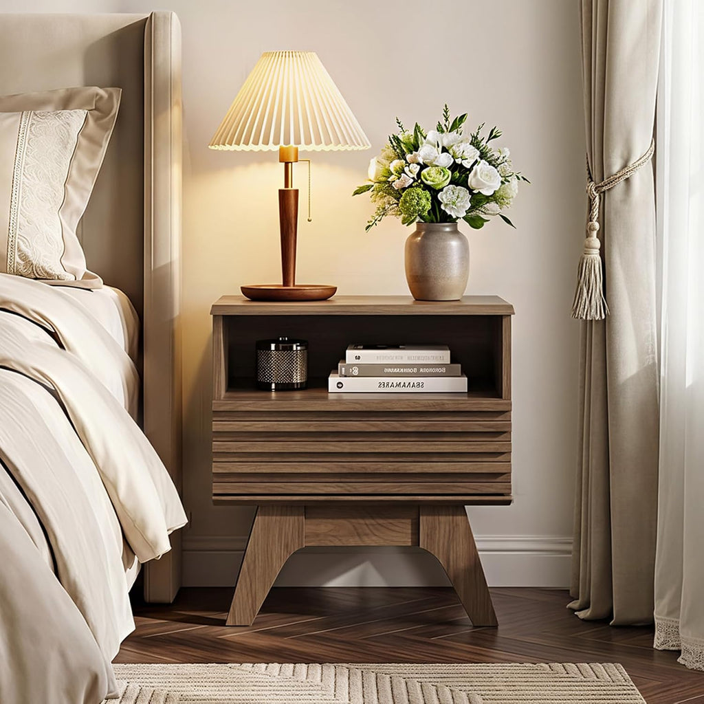 AODK 19 Inch Wide Fluted Nightstand Set of 2 with Drawer, Dark Walnut | Open Storage Shelf, Smooth Metal Slides, 4 Stable Legs, Mid Century Modern Style for Bedroom and Living Room