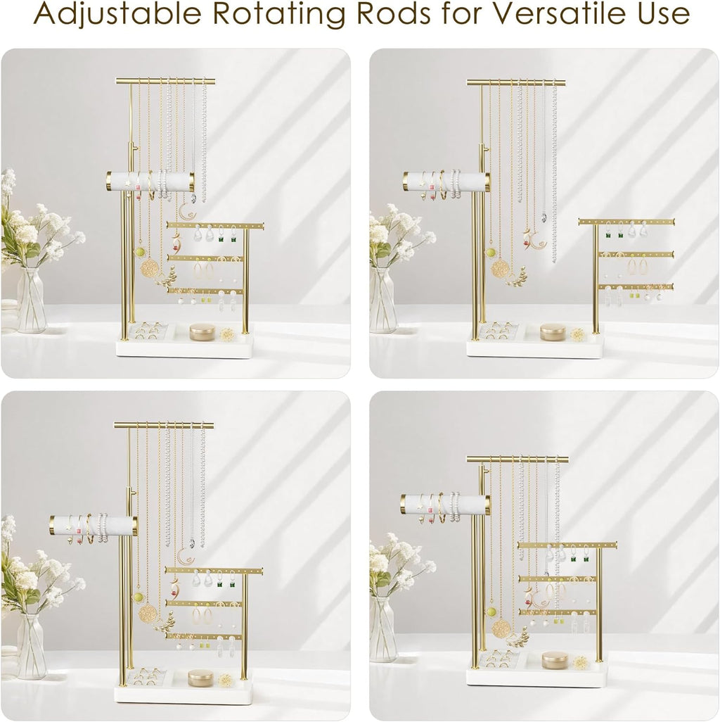 SZQINJI 5 Tier Jewelry Holder Organizer, Gold Jewelry Stand with Velvet Bracelet Holder, Adjustable Height Jewelry Display for Necklaces, Bracelets, Earrings, Rings, Gift Idea for Women, White