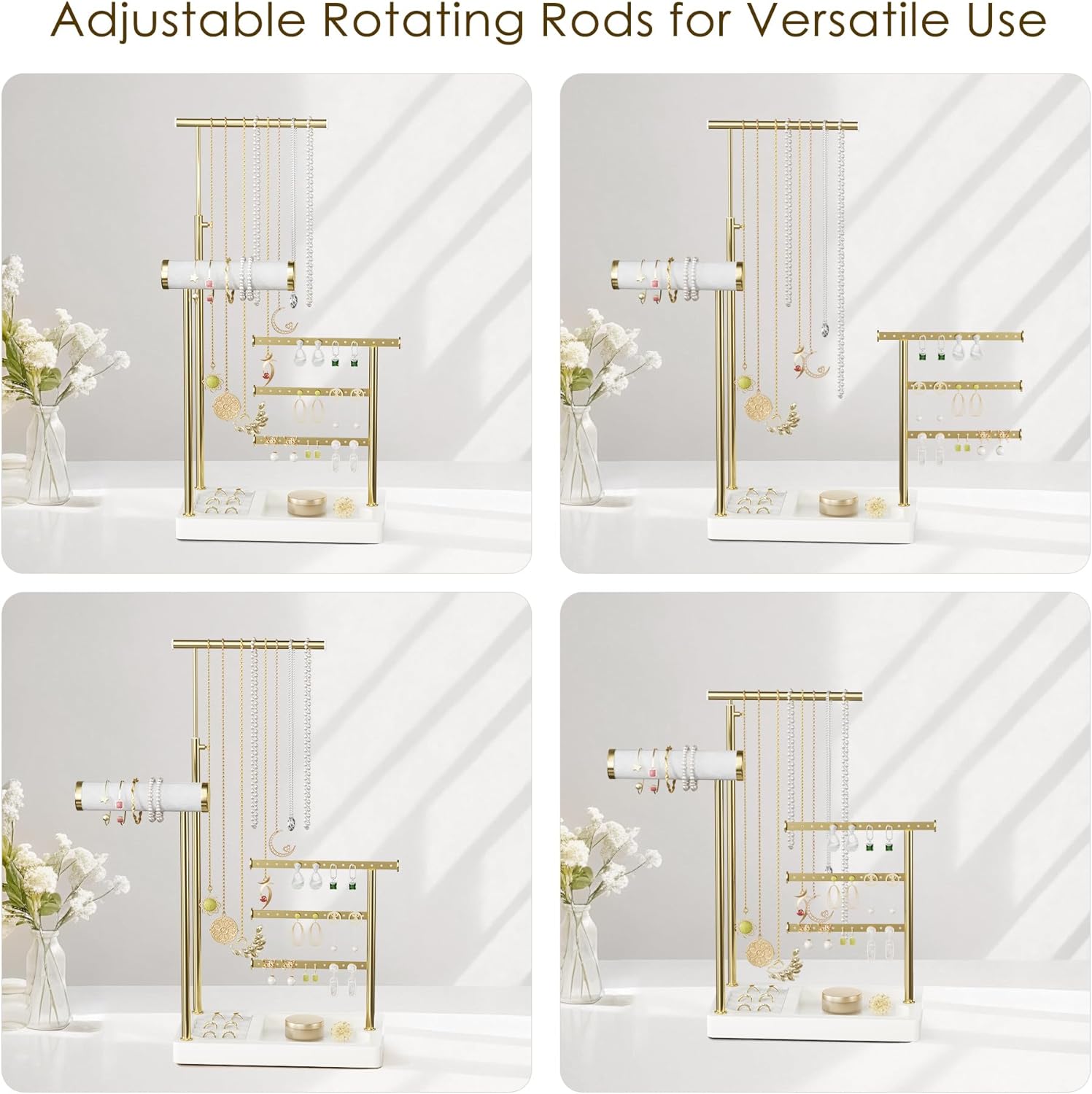 SZQINJI 5 Tier Jewelry Holder Organizer, Gold Jewelry Stand with Velvet Bracelet Holder, Adjustable Height Jewelry Display for Necklaces, Bracelets, Earrings, Rings, Gift Idea for Women, White