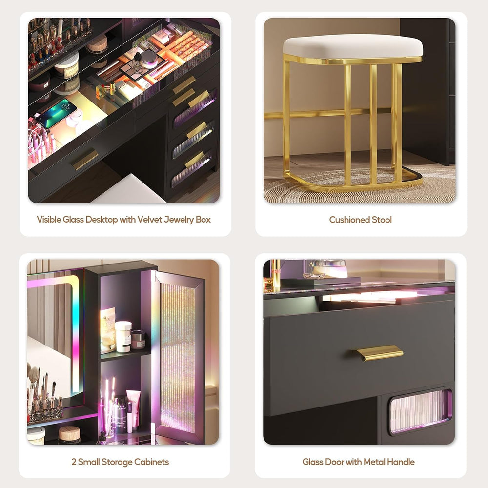 Vanity Desk with RGB LED Mirror, Glass Top and 6 Drawers - Black | SKKTKT Mak...