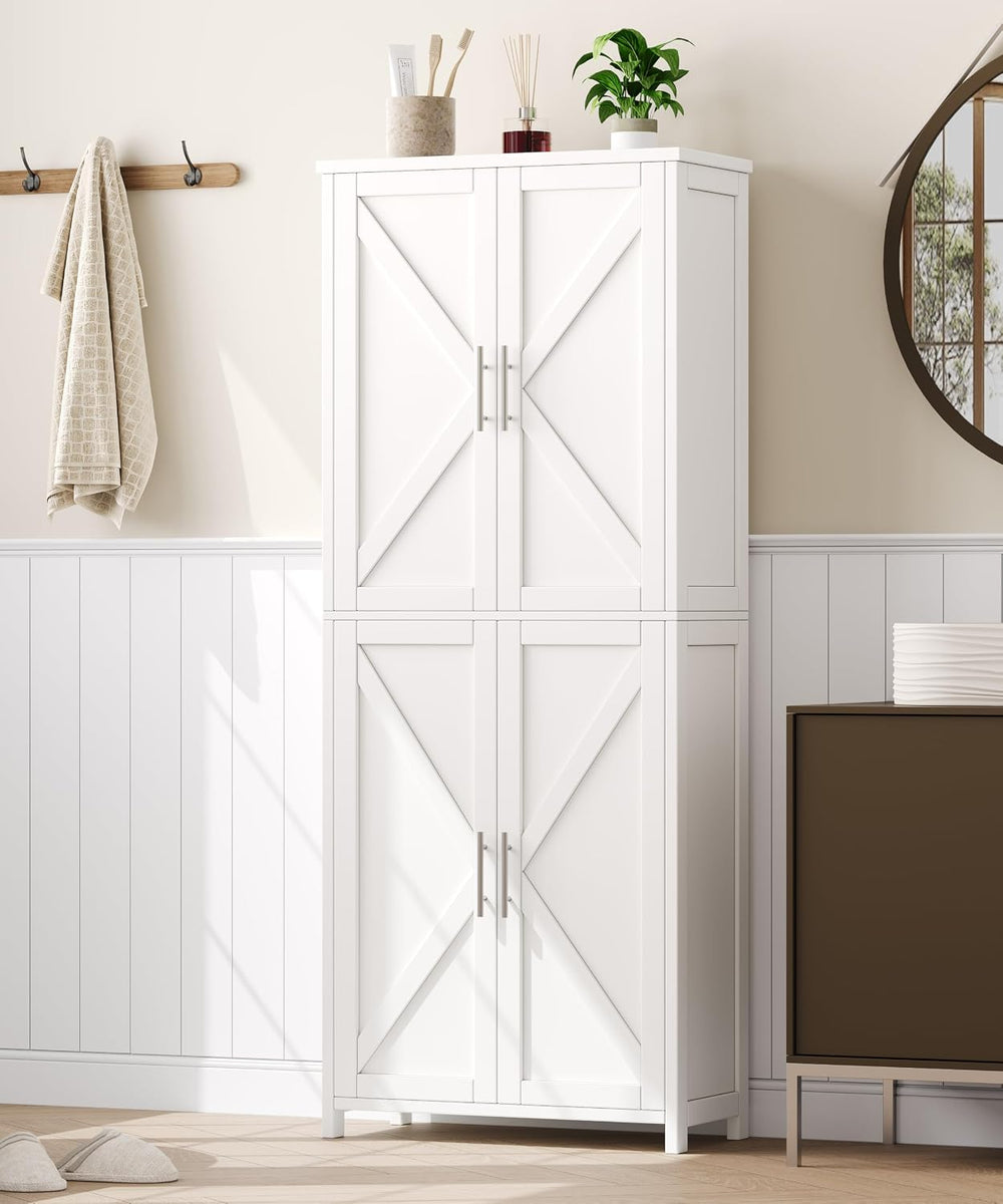 Akxomel 63''H Tall Farmhouse Bathroom Storage Cabinet with 4 Doors Wh...