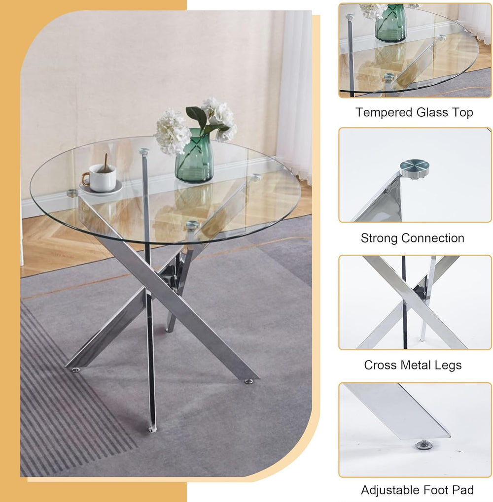 36" Glass Dining Table for 2-4, Round Kitchen Table with Tempered Glass ...