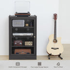 LEVNARY Media Cabinet with Door, Black 5-Tier Stereo Cabinet with Adjustable Shelves, AV Media Storage Shelf with Cable Management, Audio-Video Rack Stand for Living, Gaming, Recording Room (Black)