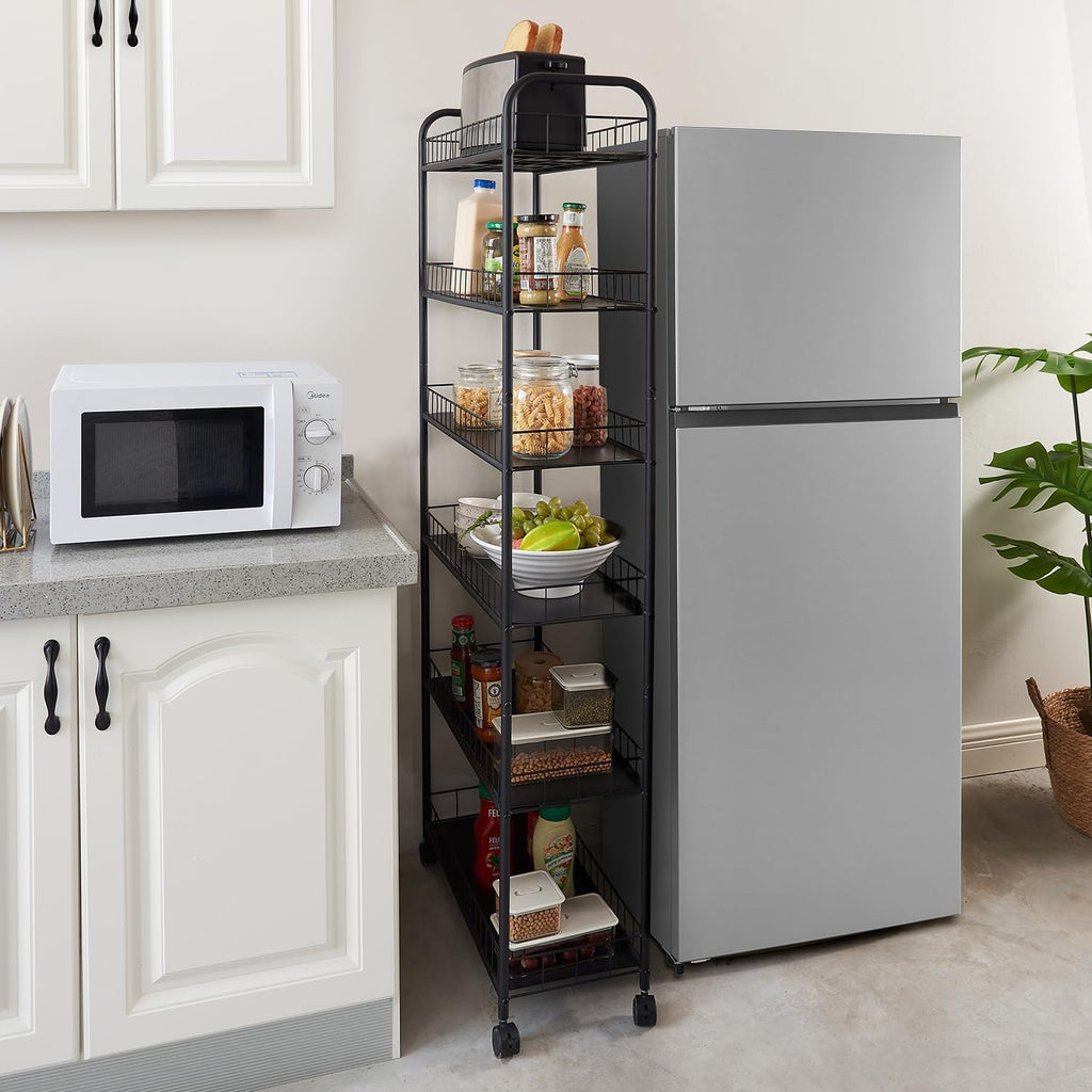 6-Tier Slim Storage Cart with Wheels,10in Wide Black Narrow Rolling Shelf,Sturdy Slim Storage Ideal for Kitchen, Bathroom, and Laundry Room