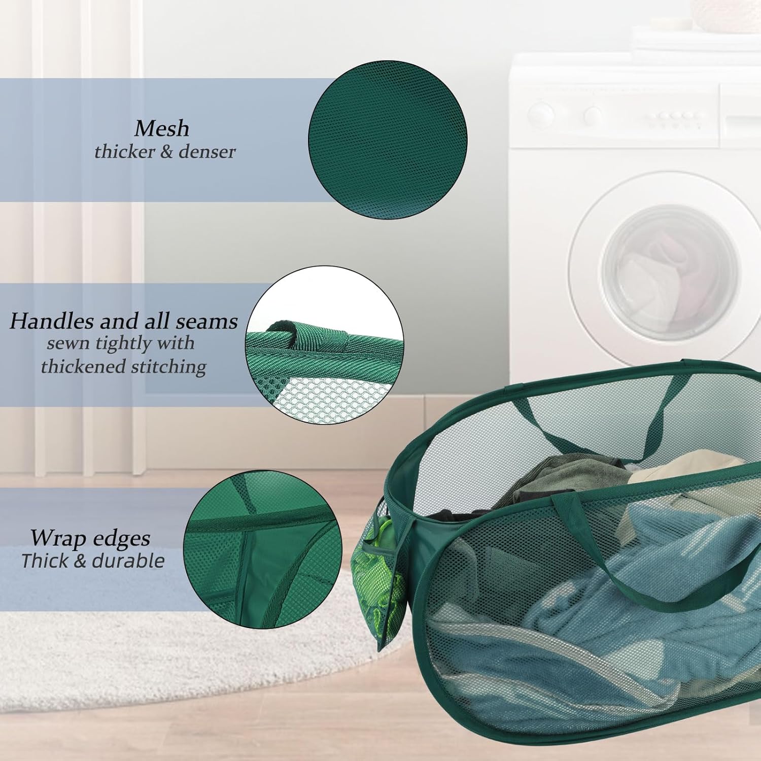 100L Foldable Laundry Baskets 2 Pack, Extra Large Mesh Pop Up Laundry Hamper, Dirty Clothes Hamper with Handles, Pop-up Hampers for Laundry Travel. Dorm or Home Portable Clothes Baskets.Green 2H