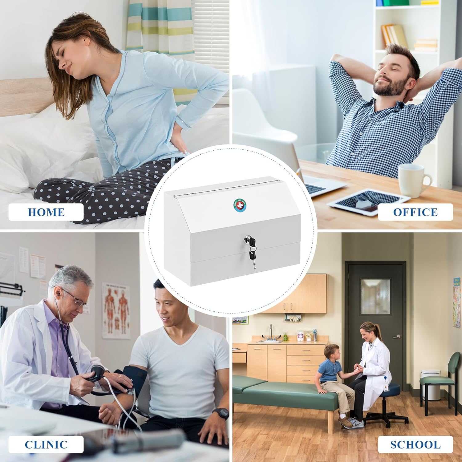 KYODOLED Wall Mount Medicine Lock Box, Drug Cabinet with Key, Large Capacity Secure Steel Prescription, First Aid Kit for Emergencies Home and School use, White, 12.2 * 5.9 * 7.87 inch