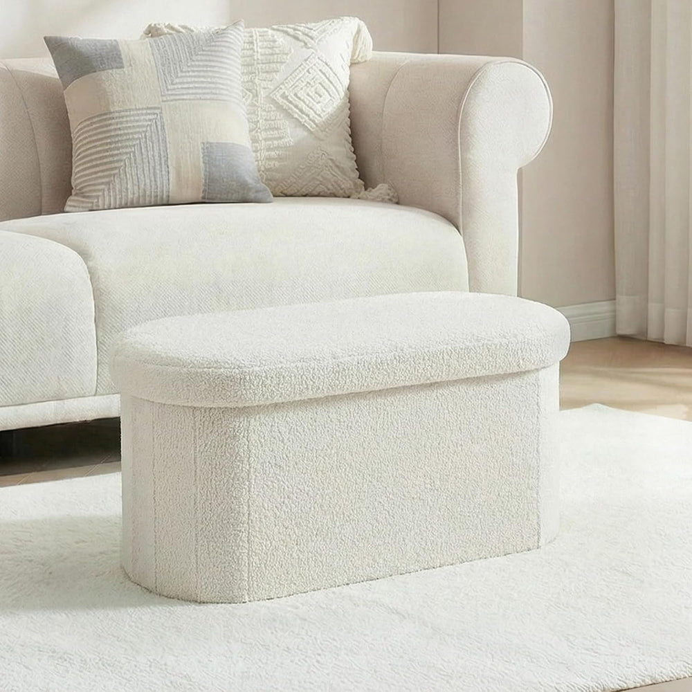 30 Inches Oval Ottoman with Storage, Boucle Sherpa Storage Ottoman Bench, Fol...