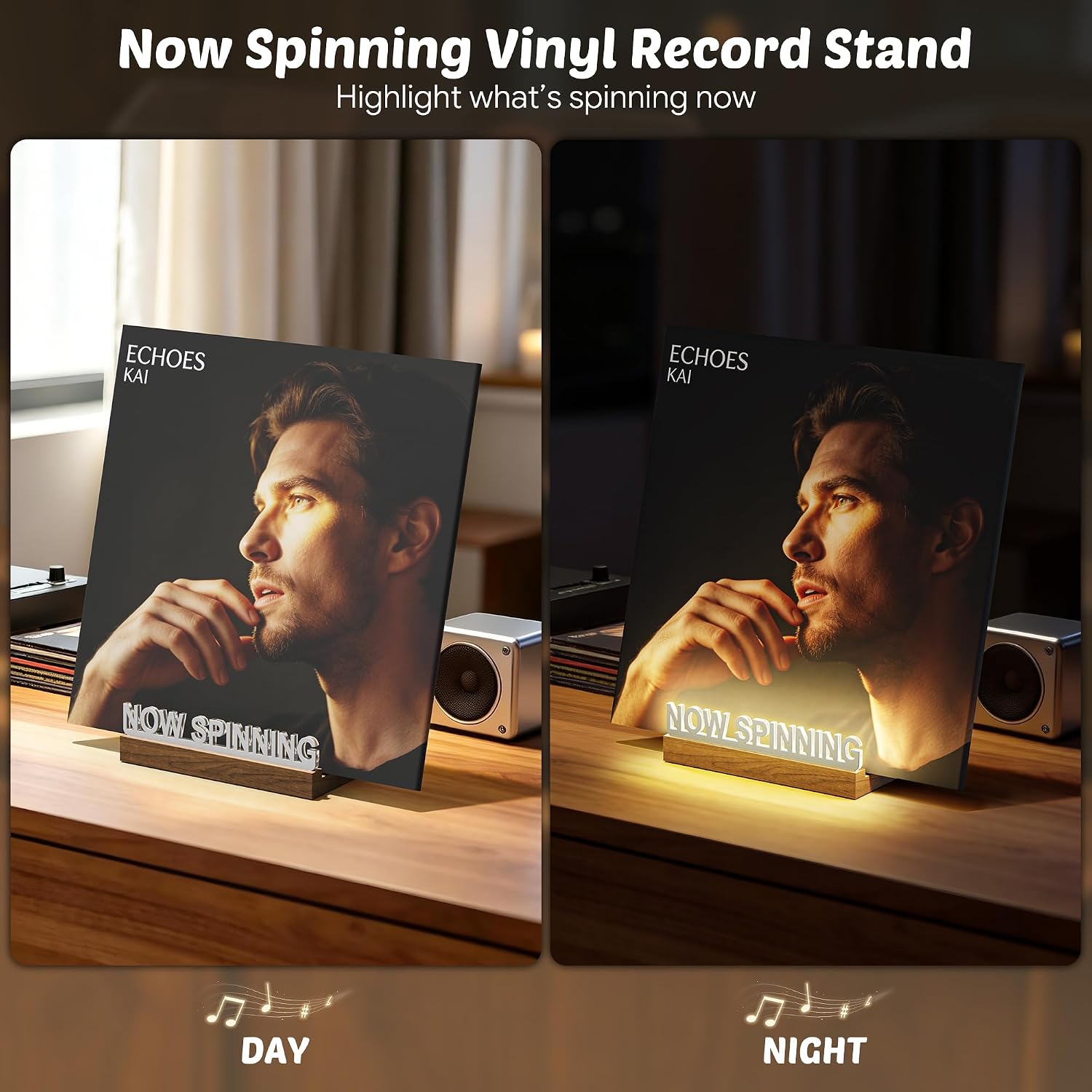Vinyl Reord Stand with Adjustable Warm White Lights,Album Display Holder with Fingerprint-Proof Acrylic Letters for Room Décor,Gift for Album, LP Lovers