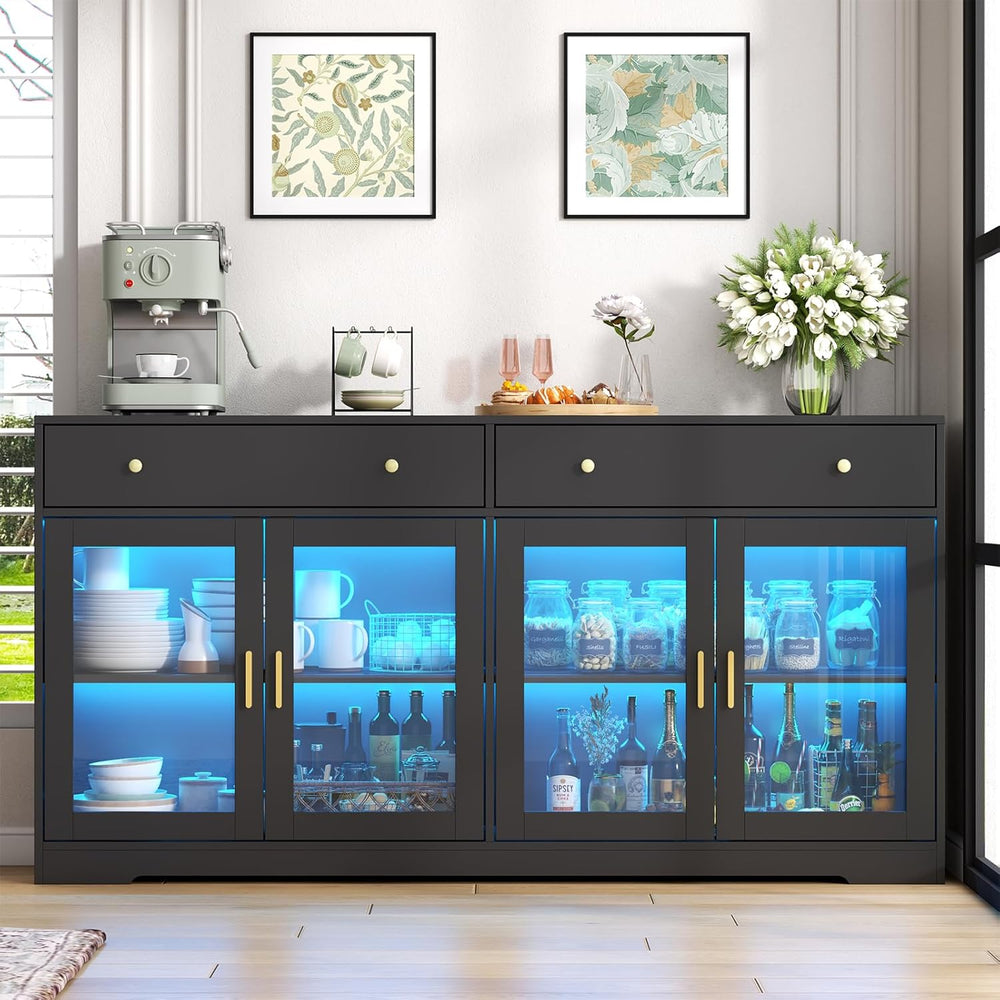 Sideboard Buffet Cabinet with LED Lights, 55.1 Storage Cabinet with 2 Large D...