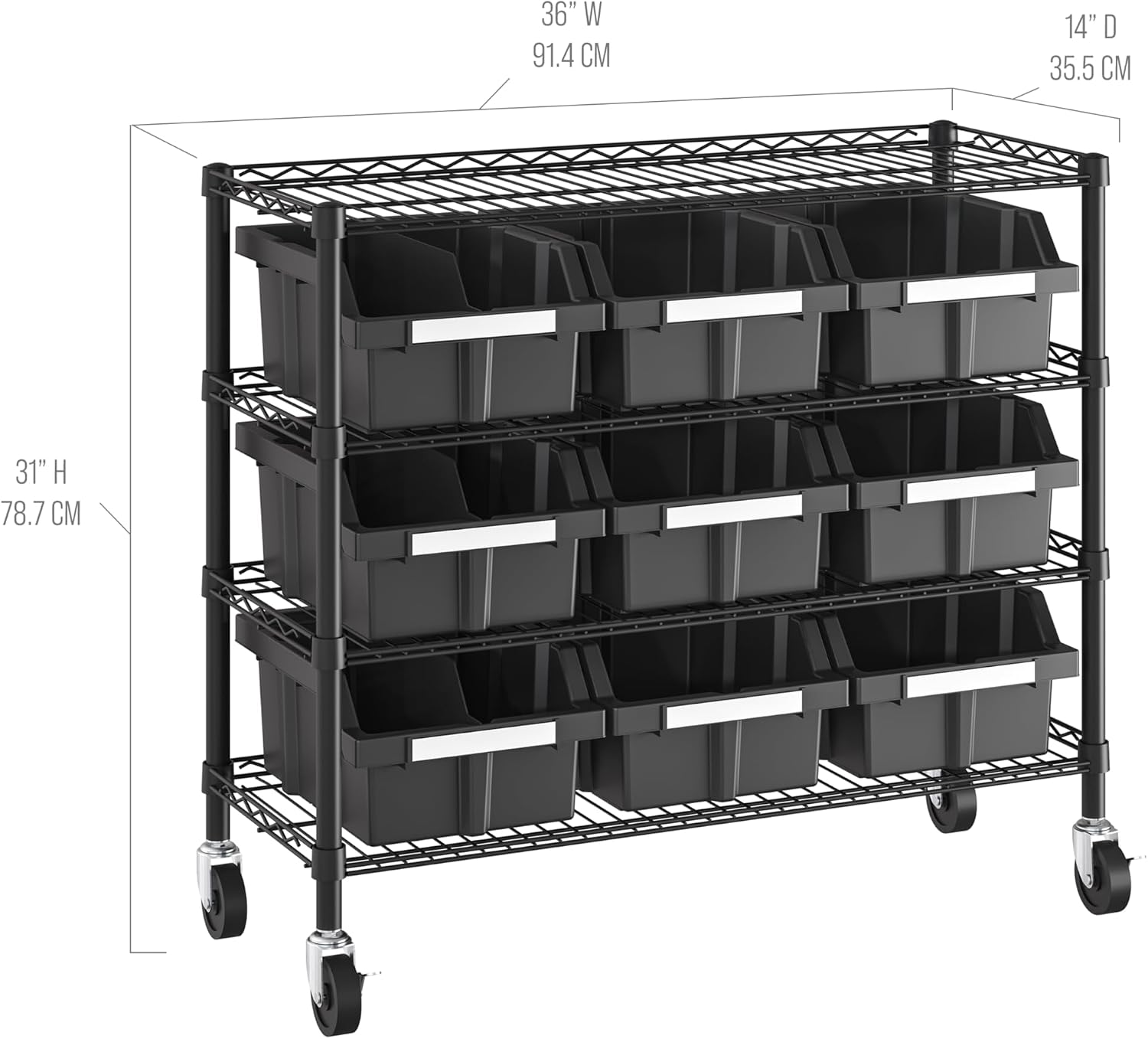 4-Tier NSF 9-Bin Steel Wire Shelving Rack, 36"W x 14"D x 31"H, Graphite | 9 slide-out bins with tilt-lock design keep supplies organized and accessible