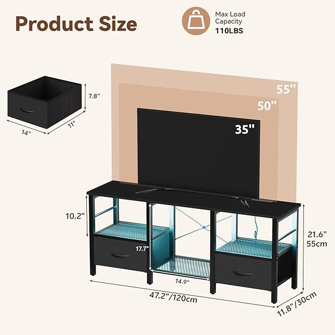 TV Stand for 55 Inch TV, LED Entertainment Center with Fabric Drawers and Power Outlets, Modern Industrial TV Media Console for Living Room, Bedroom Storage Cabinet - 47.2'' Black