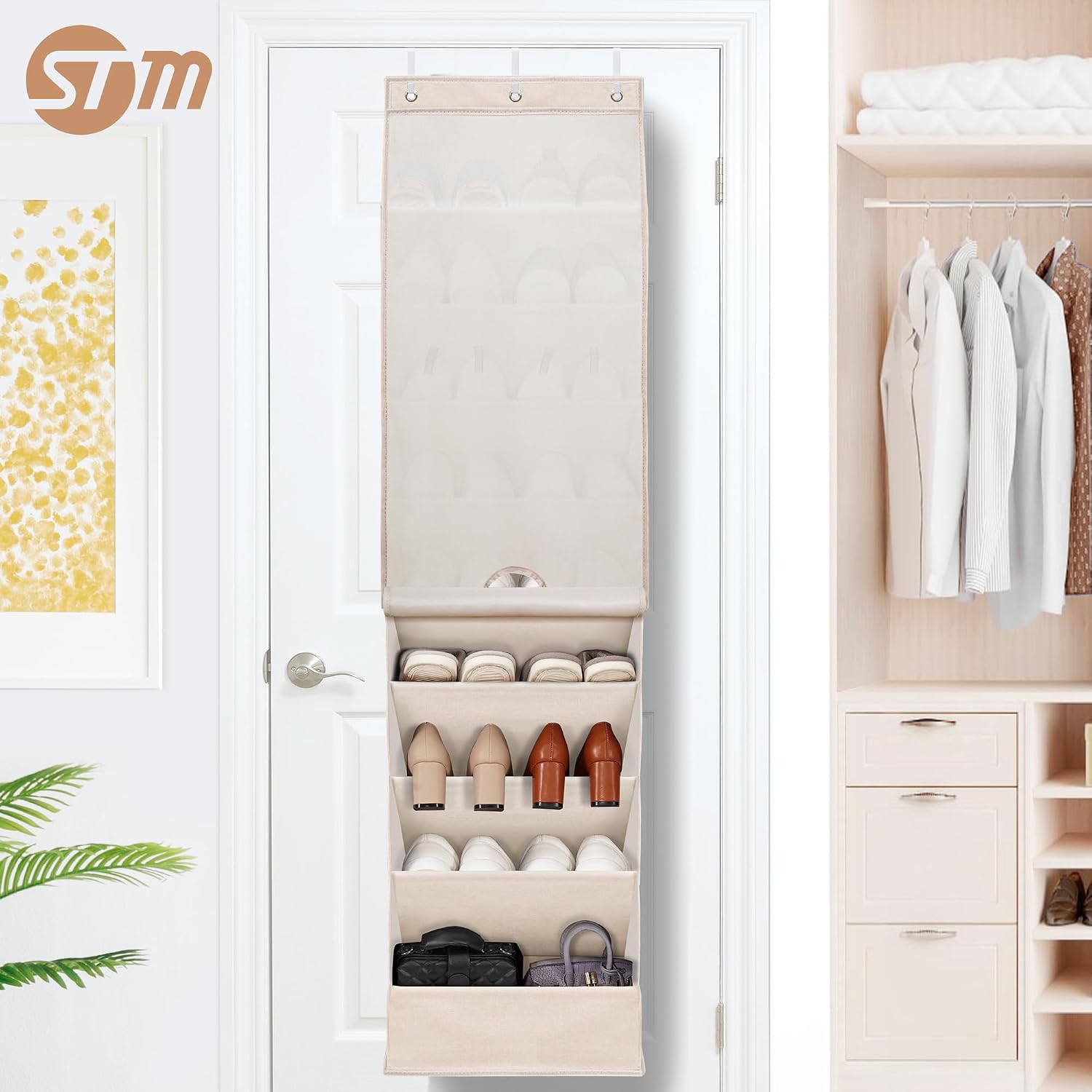 STORAGE MANIAC Over the Door Shoe Organizer with Curtain Dustproof Heavy-Duty Large Deep Pocket Hanging Shoe Organizer for Closet Dorm & Narrow Door Storage Shoe Holder Shoe Rack, 9-Shelf Beige 1 Pack