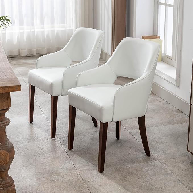 Farmhouse Dining Chairs Set of 2 PU Leather Upholstered Accent Side Chair Wood Kitchen Chairs for Living Room/Dining Room/Bedroom/Restaurant, Upgraded Size, White