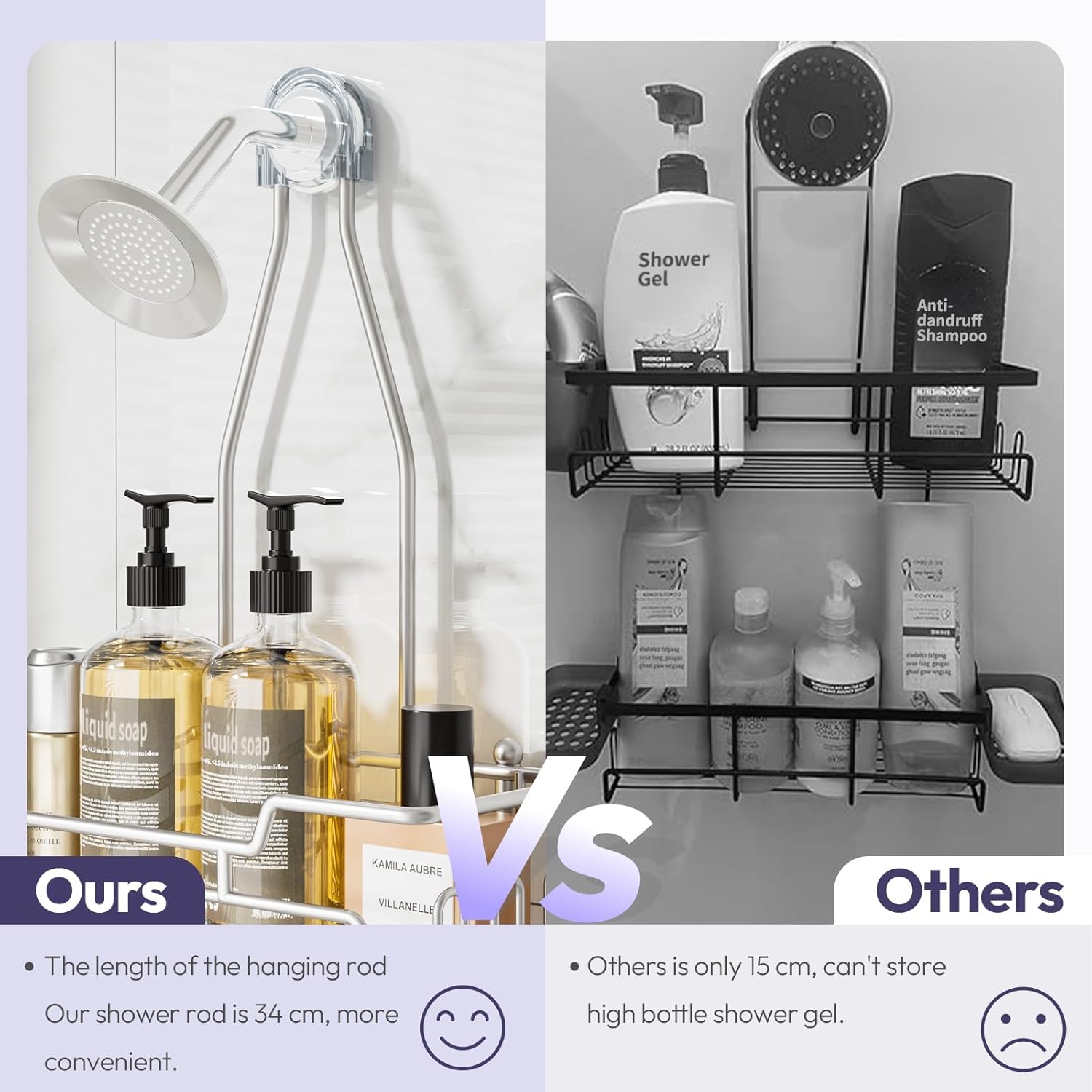 SWTYMIKI Bathroom Shower Caddy Hanging - 3 Tier Rustproof Over Shower Head Organizer, No Drilling Bathroom Shelf with 16 Hooks & Soap Holder, Anti-Swing Rack, Sand Nickel, Medium