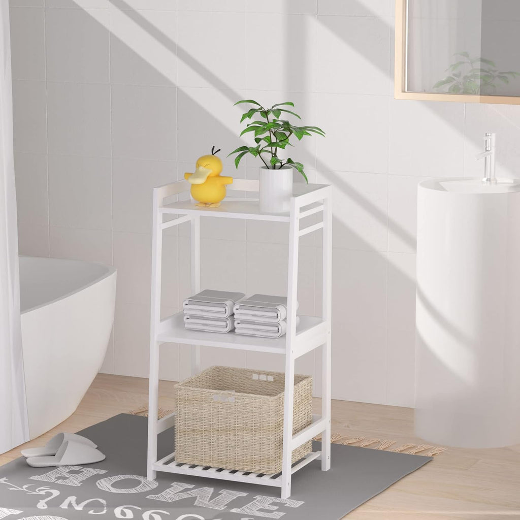 POXAKA 3 Tier Bamboo Bathroom Shelves, Ladder Shelf for Storage, Rustic Home Organizer, Space-Saving Design, Stylish Display Nightstand, Stylish Storage Solution for Home, Living Room, Kitchen