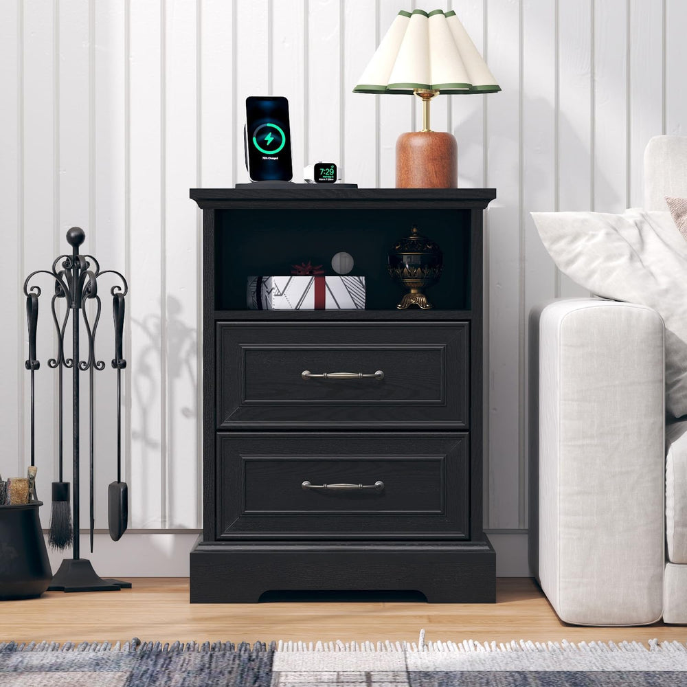 Nightstand with Charging Station,18" Wide End Table with 2 Large Drawers...
