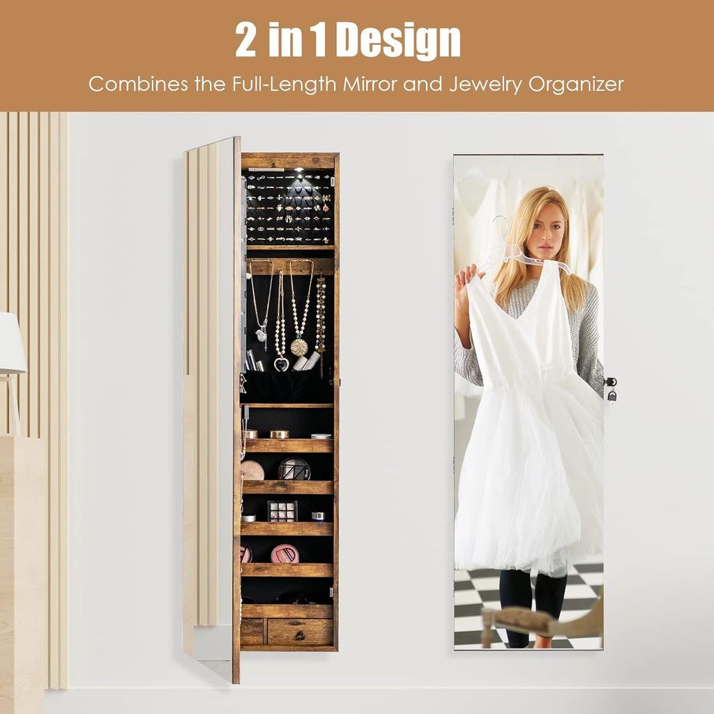 Giantex Wall Door Mounted Jewelry Armoire Cabinet with 47.5" H Full Length Mirror, 2 LEDs Lockable Jewelry Organizer Box with Bracelet Rod, 2 Drawers, Large Storage Capacity (Rustic Brown)