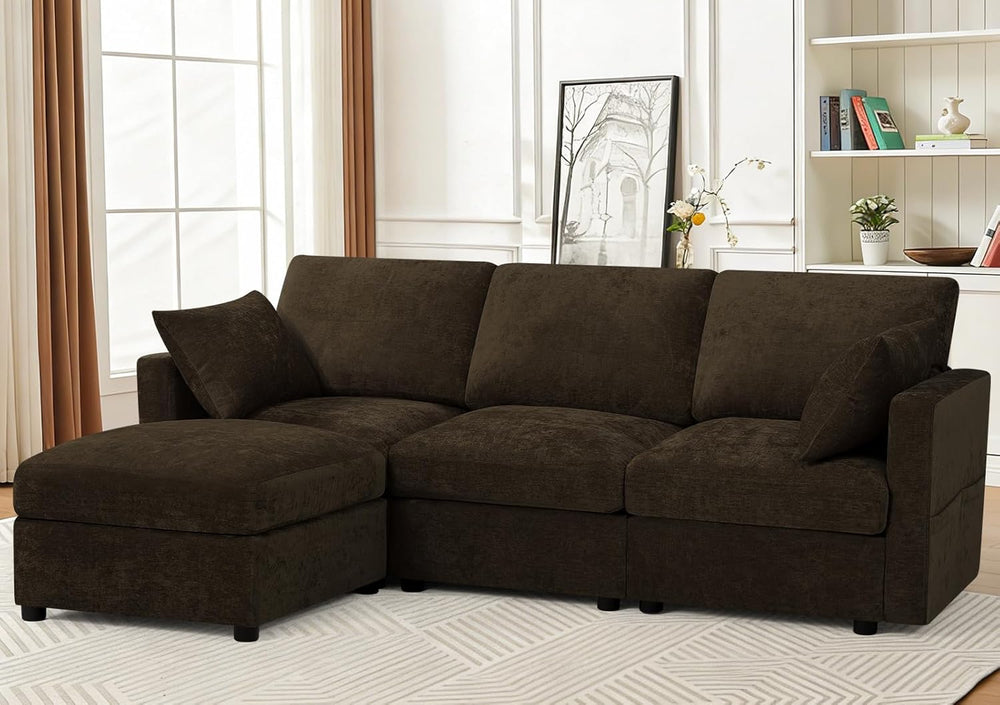 84” Chenille 3-Seats Sofa W/Movable Ottoman, Brown | Modern Fabric L-Shaped C...