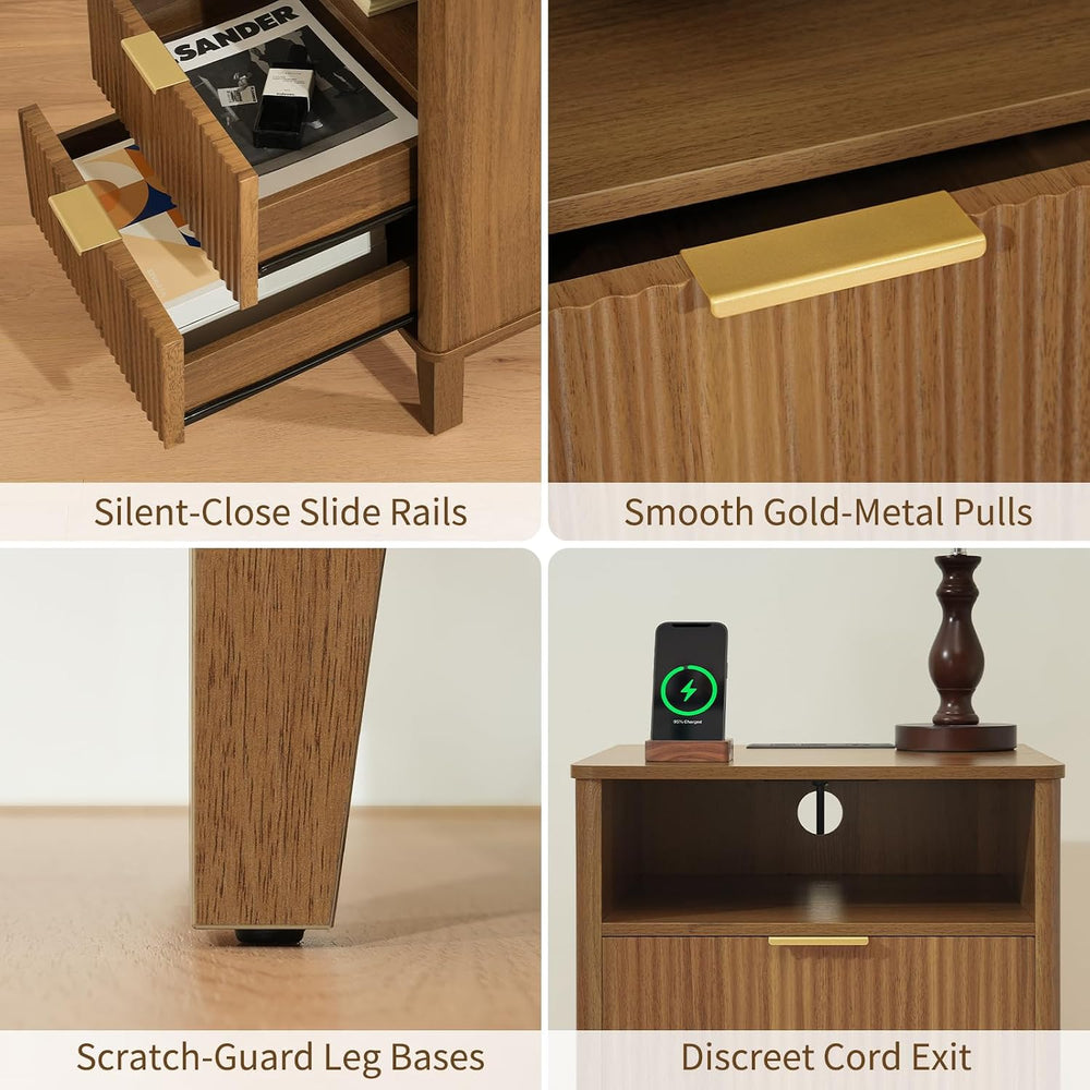 Night Stand Set of 2 with Charger Station, Fluted Nightstand with Drawers and...