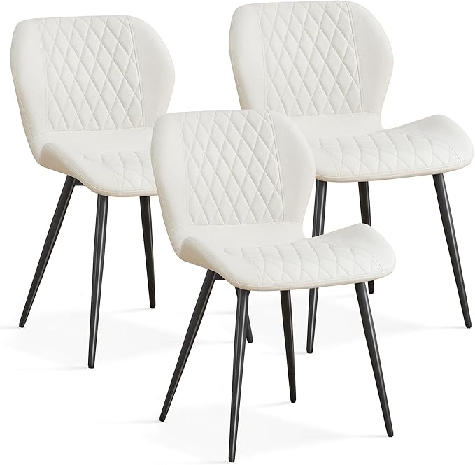 Dining Chairs Set of 3, Comfy Modern Dining Chairs with Thick Cushions, Upholstered Fabric Kitchen Side Chairs with Adjustable Metal Legs for Dining Room (Beige)