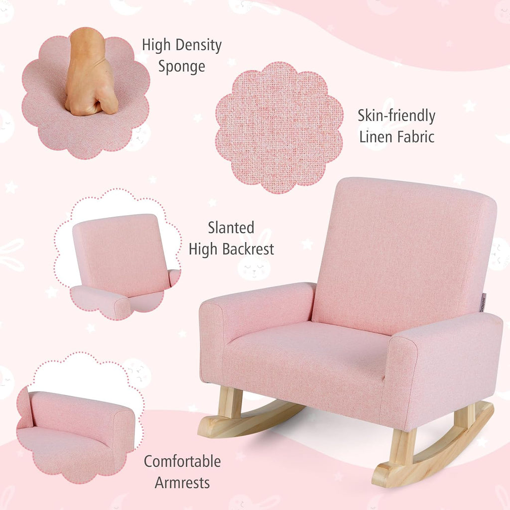 HONEY JOY Toddler Rocking Chair, Kids Rocker with Solid Wood Legs & Linen Fabric, Anti-Tipping Design, Toddler Couch for Kids Room, Playroom, Nursery, Bedroom (Pink)