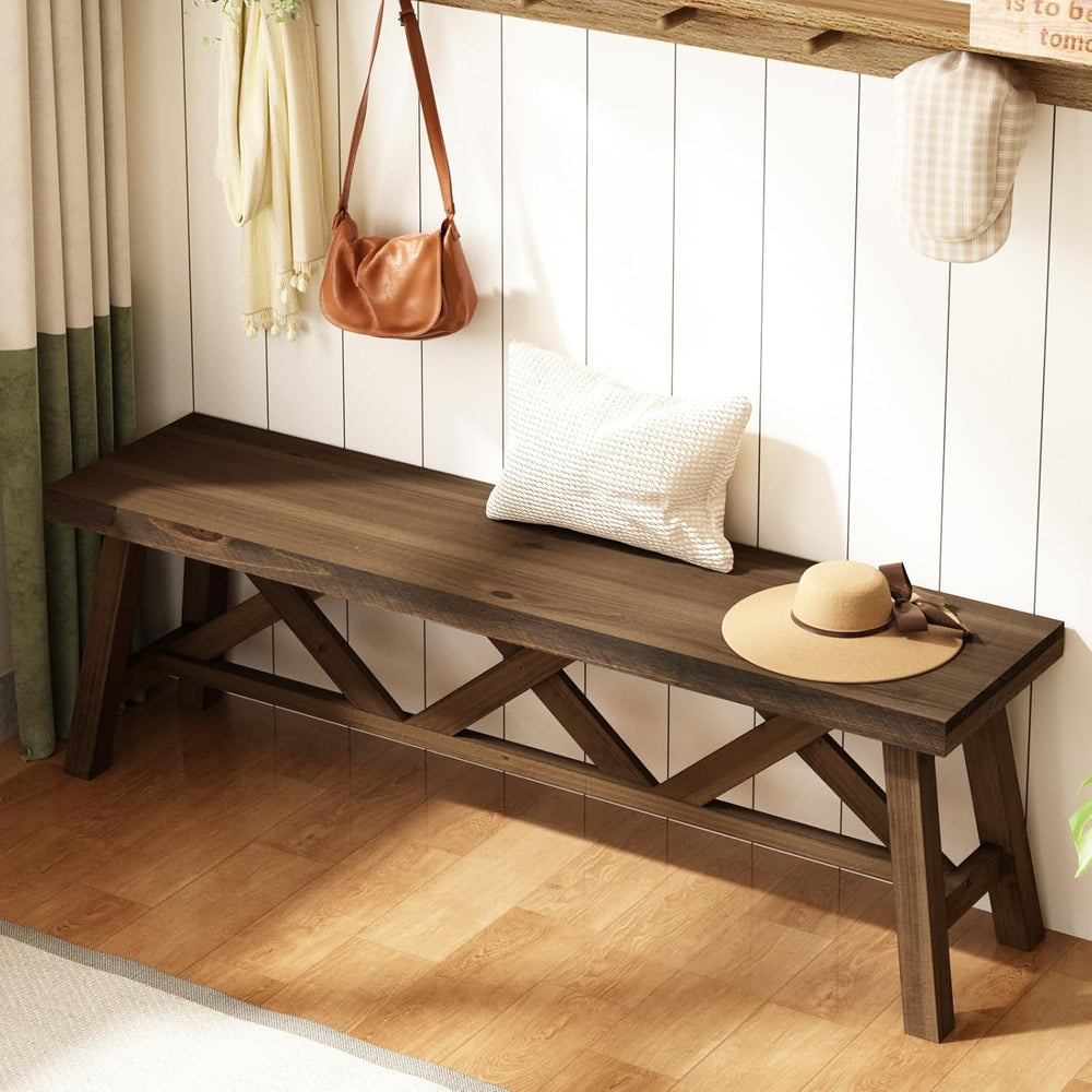 Wnutrees 54" Farmhouse Wood Bench, Rustic Solid Wood Entryway Bench Seat...