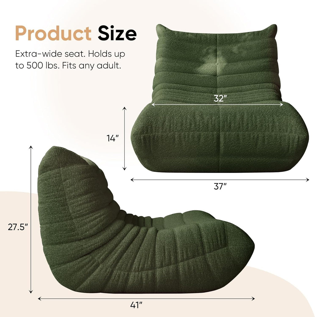 Giant Bean Bag Chairs for Adults Teen Reading Chair Togo Sofa Boneless Floor Couch Comfy Memory Foam Teddy Fleece BeanBag Fireside Lounge Chair for Living Room Bedroom, Green, 1 Seater