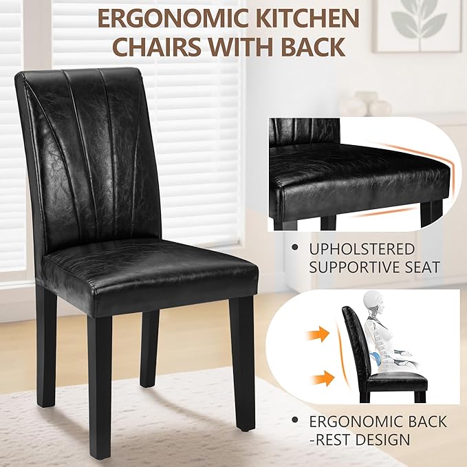 VECELO Upholstered Dining Chairs Set of 2, Modern PU Leather Dinning Room Chair with Solid Wood Legs and High Back, Parsons for Kitchen/Living Room- Black