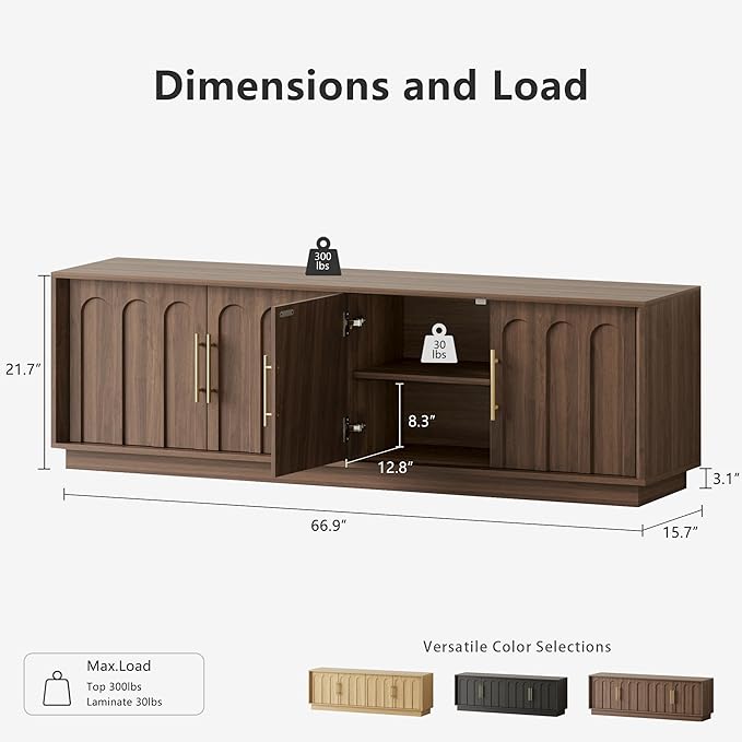 TV Stand for 75 Inch TV, Mid Century Modern TV Stand with Arched Design, Wood Grain Finish, Media Console with Adjustable Shelves, 67" Entertainment Center for Living Room Bedroom, Walnut