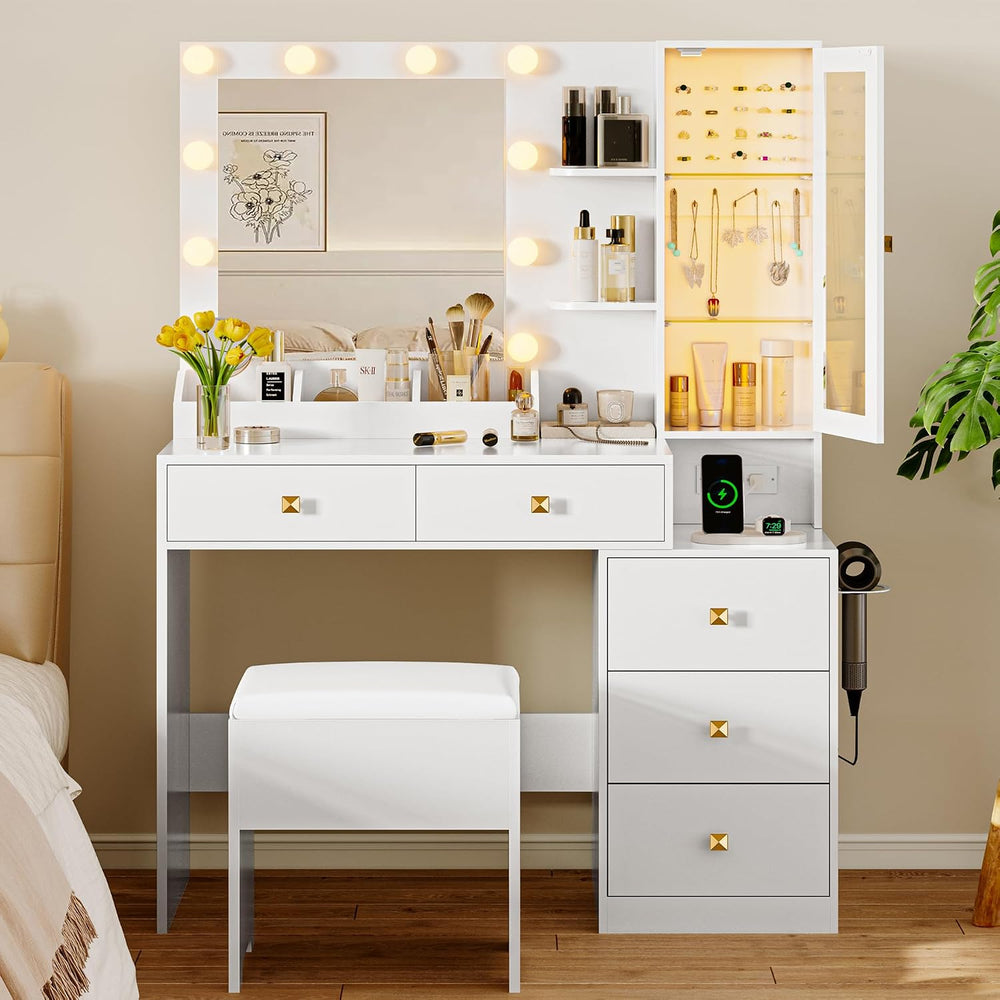 Vanity Desk with Mirror and Lights, Makeup Vanity Table Set with 5 Storage Dr...