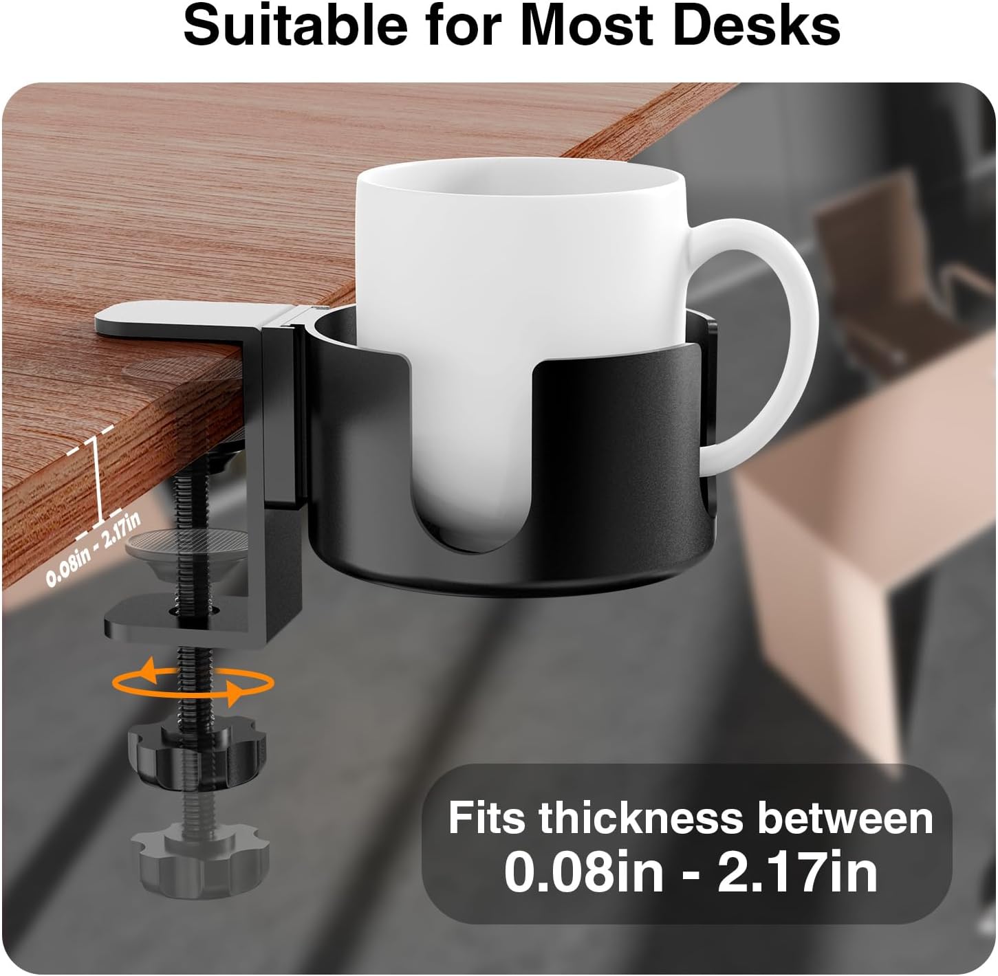 Large Desk Cup Holder Clamp， Anti-Spill Cup Holder for Your Desk or Table,Cup Holder Inner Diameter 9.5cm，Capacity 5kg/11lb Compatible with Universal Cup, Bottles(Black) (Desk Cup Holder)