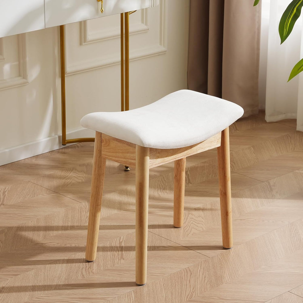 18" Small Vanity Chair Ottoman Bench Saddle Cushion Linen Beige | Soft S...
