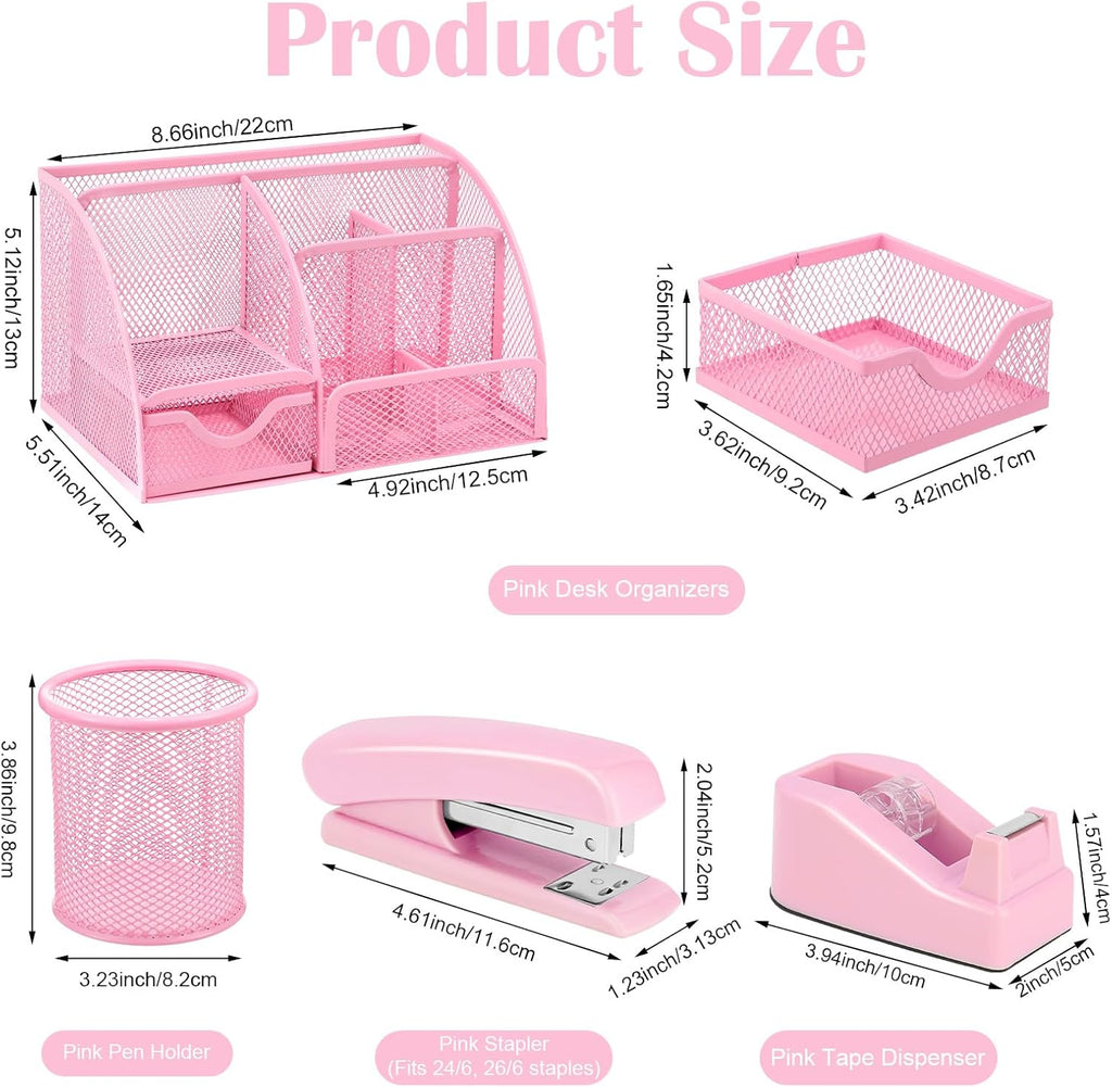 Pink Desk Organizers and Accessories, Pink Office Supplies Include Mesh Desk Organizer, Tape Dispenser, Stapler, 1000 Staples, Staple Remover, Pen Holder, Clips Set, Ruler, Scissors