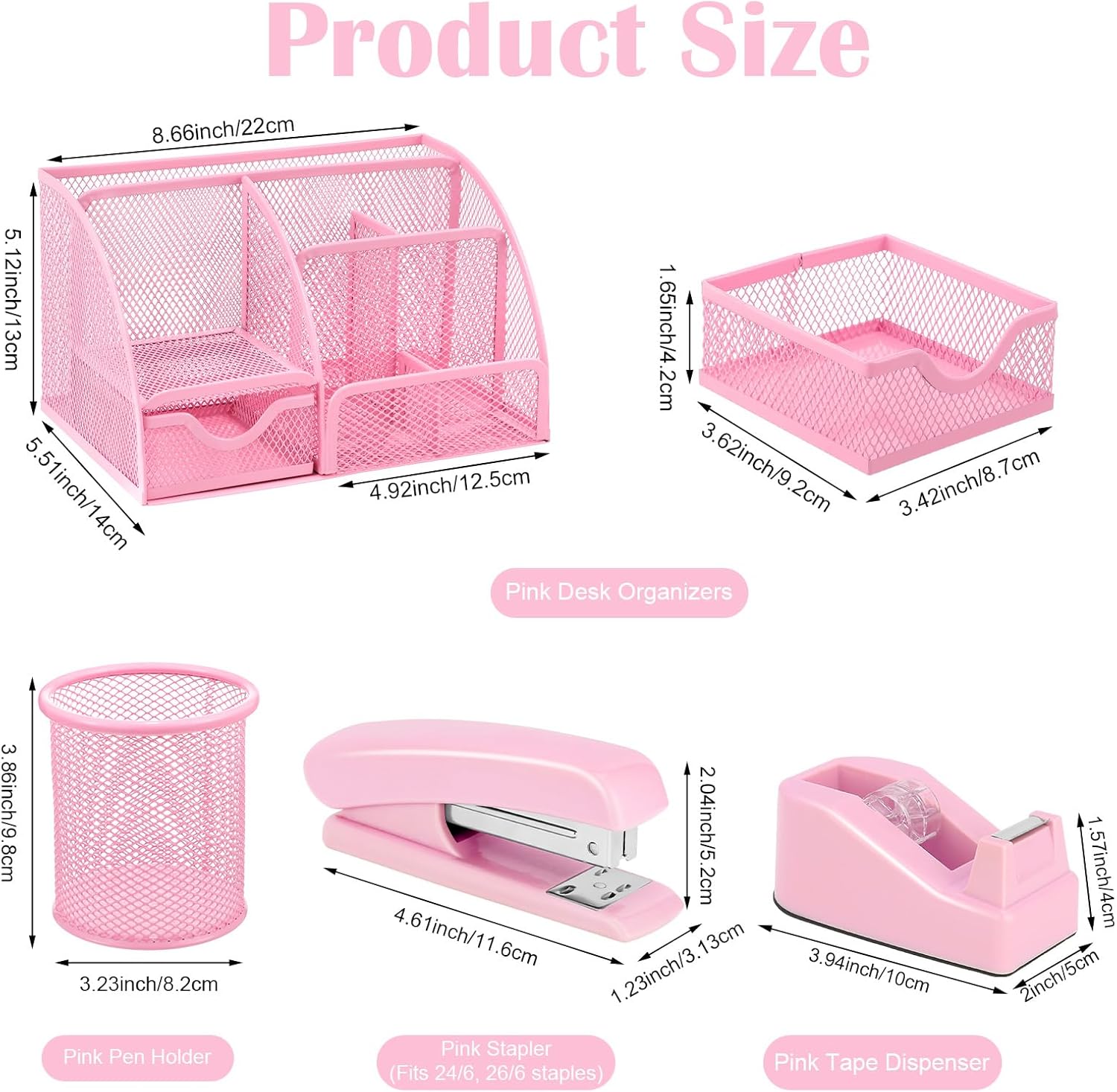 Pink Desk Organizers and Accessories, Pink Office Supplies Include Mesh Desk Organizer, Tape Dispenser, Stapler, 1000 Staples, Staple Remover, Pen Holder, Clips Set, Ruler, Scissors