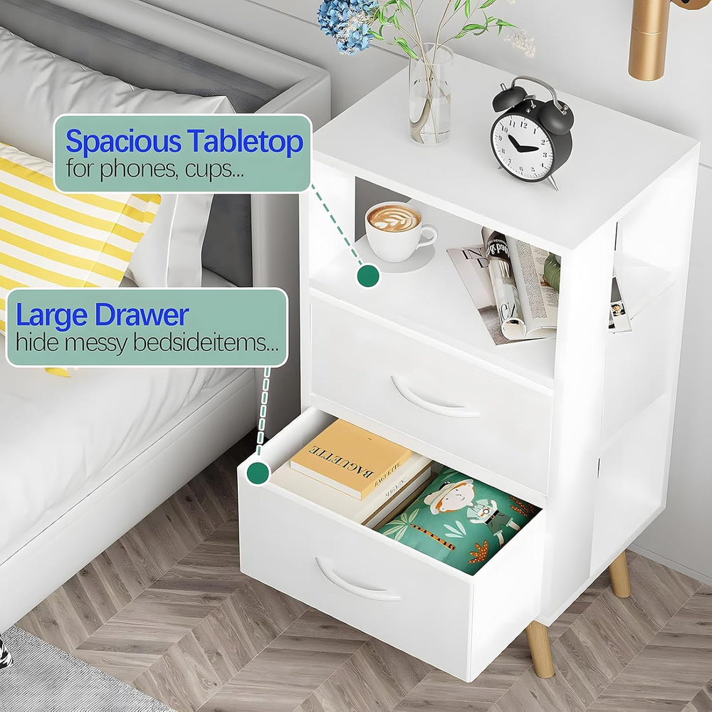 Aenuert Night Stand, White Nightstand with Fabric Drawers, Wooden Side Table ...
