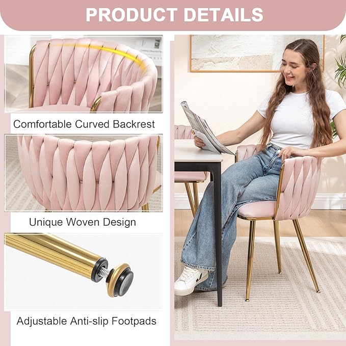 Kiztir Pink Velvet Dining Chairs Set of 4 Upholstered Modern Dining Room Chairs with Woven Back and Gold Metal Legs for Living Room, Bedroom, Kitchen