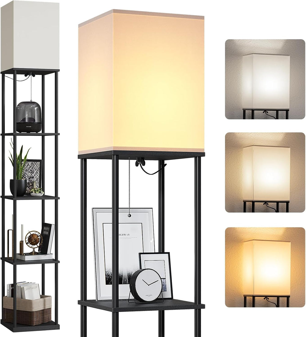 SUNMORY 5 Tier Floor Lamp with Shelves, Modern Square Standing Lamp with 3 Co...