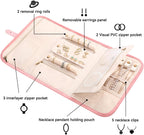 Voova Travel Jewelry Holder Organizer Case, Large Jewelry Storage Bag for Women Girls, Foldable Traveling Jewellery Pouch Roll for Necklaces Rings Earrings Bracelets, Pink