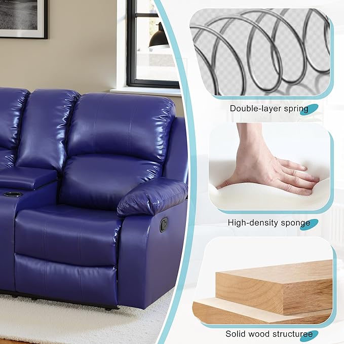 Recliner Sofa Set Couches for Living Room Chair Semi PU Fabric Living Room Furniture Sets, Adjusted Loveseat Reclining Couch Furniture Sofa Set for Theater Seating, Dark Blue