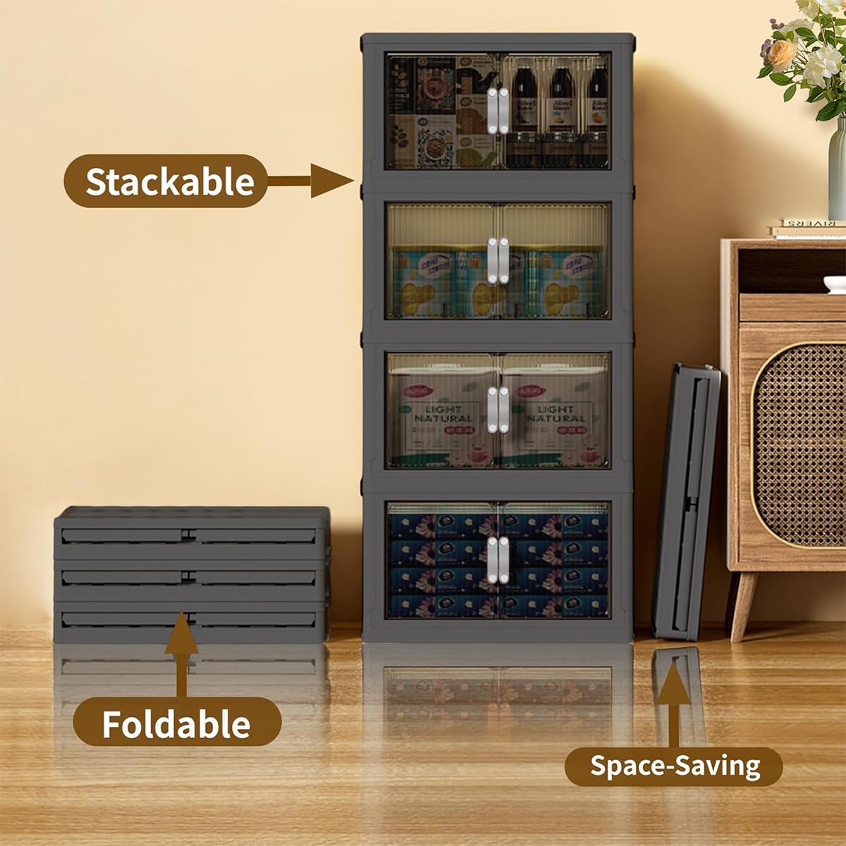 Stackable Storage Bins Wheel, Large Collapsible Closet Organizer with Lid, Foldable Storage Cabinet with Door, Plastic Folding Storage Boxes for Home, Pantry, Office (L, Gray 4-Tier)