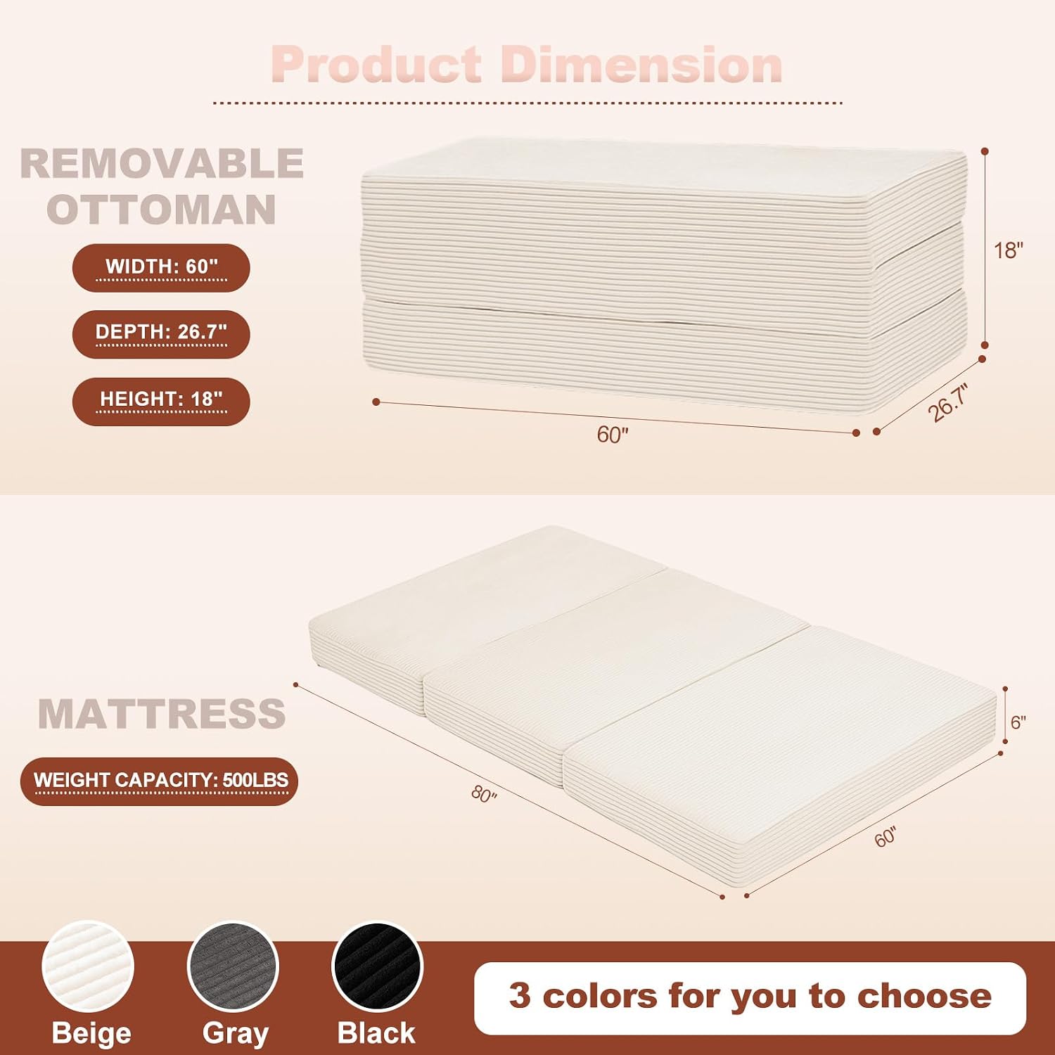 6-Inch Tri-Fold Foldable Mattress, Folding Sofa Bed with Removable Washable Cover, Portable Futon Mattress Full Size Floor Guest Mat with Non-Slip Bottom & Carry Handles for Camping (Beige, Queen)