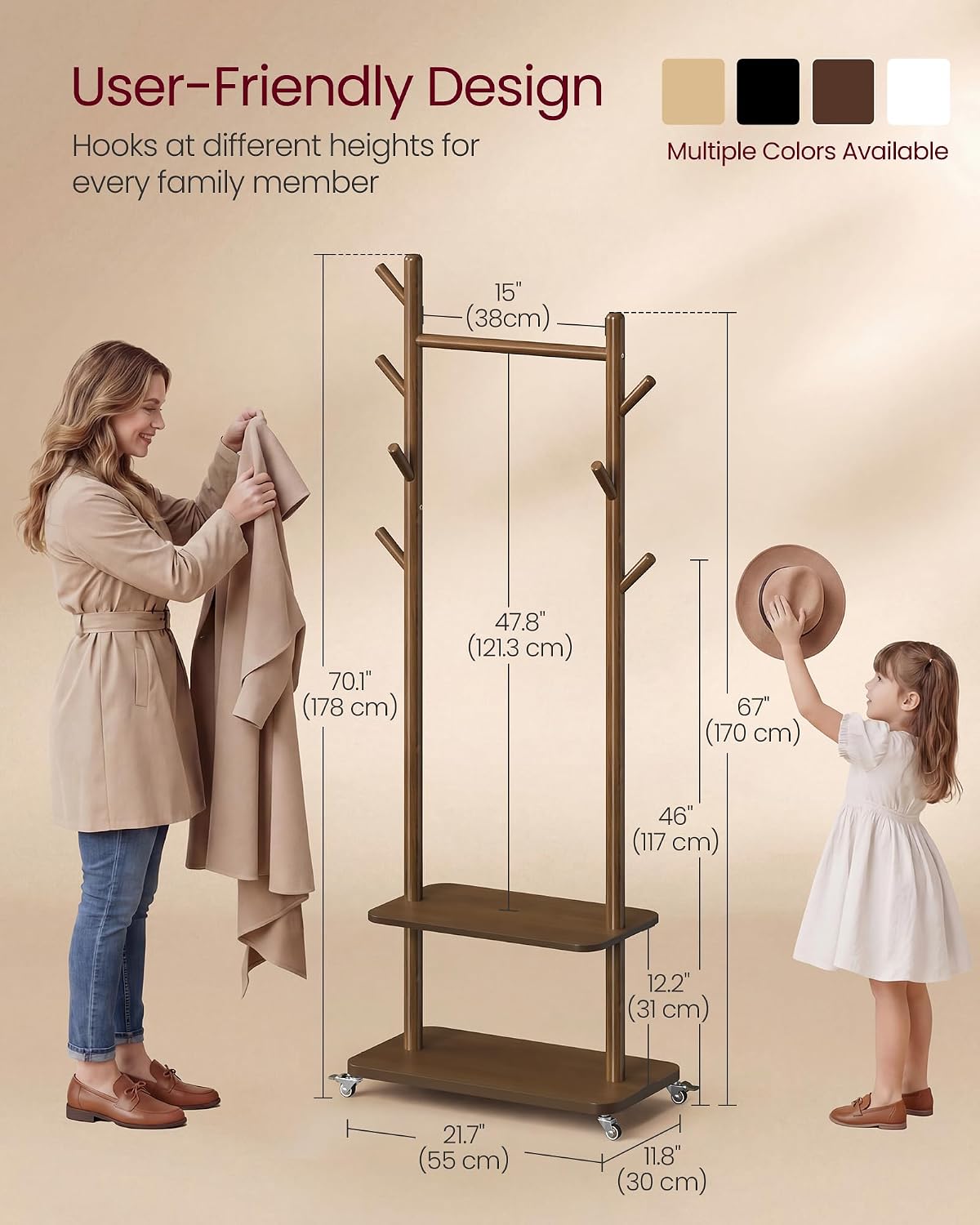 VASAGLE Freestanding Coat Rack Stand with 7 Hooks, 2 Shelves, 4 Removable 360° Swivel Wheels, Wooden Hooks and Pole, for Entryway, Bedroom, Living Room, Walnut Brown URCR053KJ01