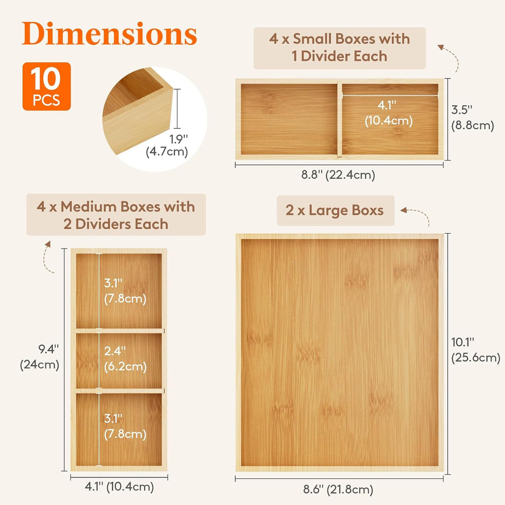 Lifewit Drawer Organizers 10 Pack(22 Grid) with 12 Inserts | Adjustable Bamboo Wooden Trays for Utensils, Silverware, Makeup, Kitchen, Bathroom, Office, Vanity Storage
