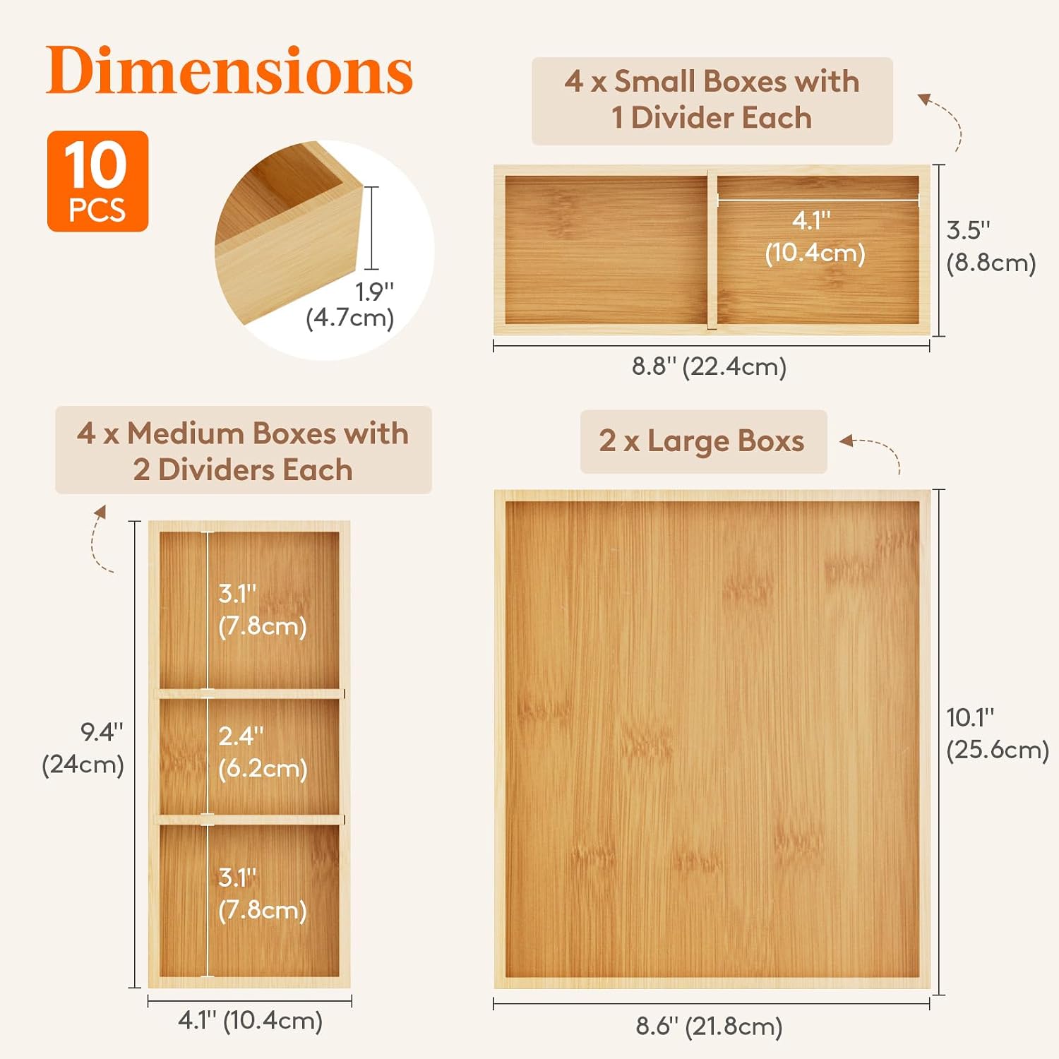 Lifewit Drawer Organizers 10 Pack(22 Grid) with 12 Inserts | Adjustable Bamboo Wooden Trays for Utensils, Silverware, Makeup, Kitchen, Bathroom, Office, Vanity Storage