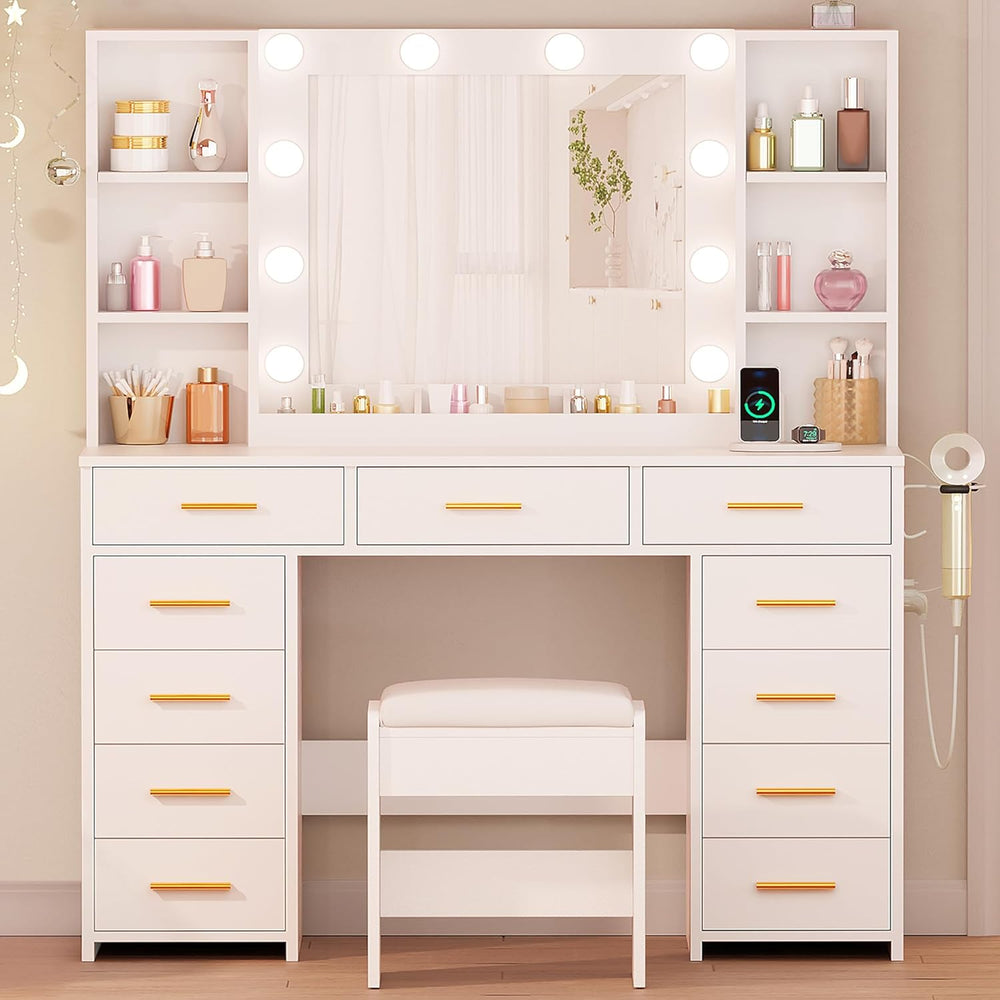 ANWBROAD 11 Drawers Makeup Vanity Desk with Mirror and Lights,Stool | White V...