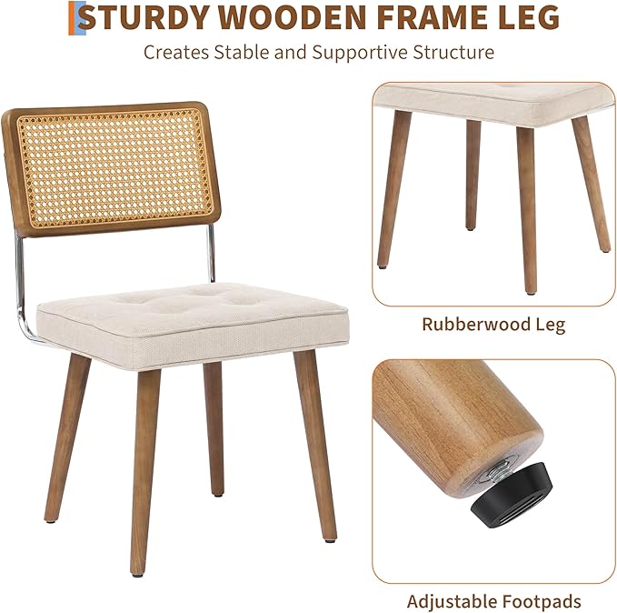 GarveeHome Natural Rattan Dining Chairs Set of 2, Linen Upholstered Kitchen Chairs with Tall Cane Backrest and Strong Wood Legs for Dining Room, Kitchen, Restaurant, Beige