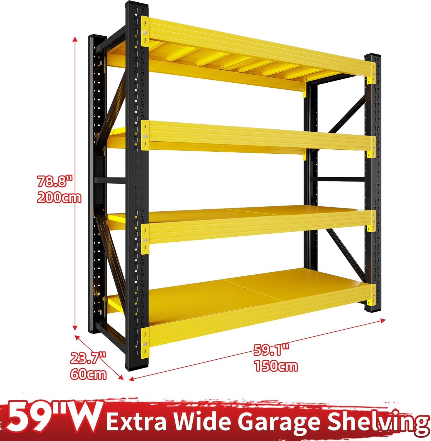 5000LBS Heavy Duty Garage Shelving 59" W Garage Storage Shelves 4-Tier Metal Adjustable Shelf Unit Storage Rack for Basement Supermarket Warehouse 59" W x 24" D x 78" H Yellow